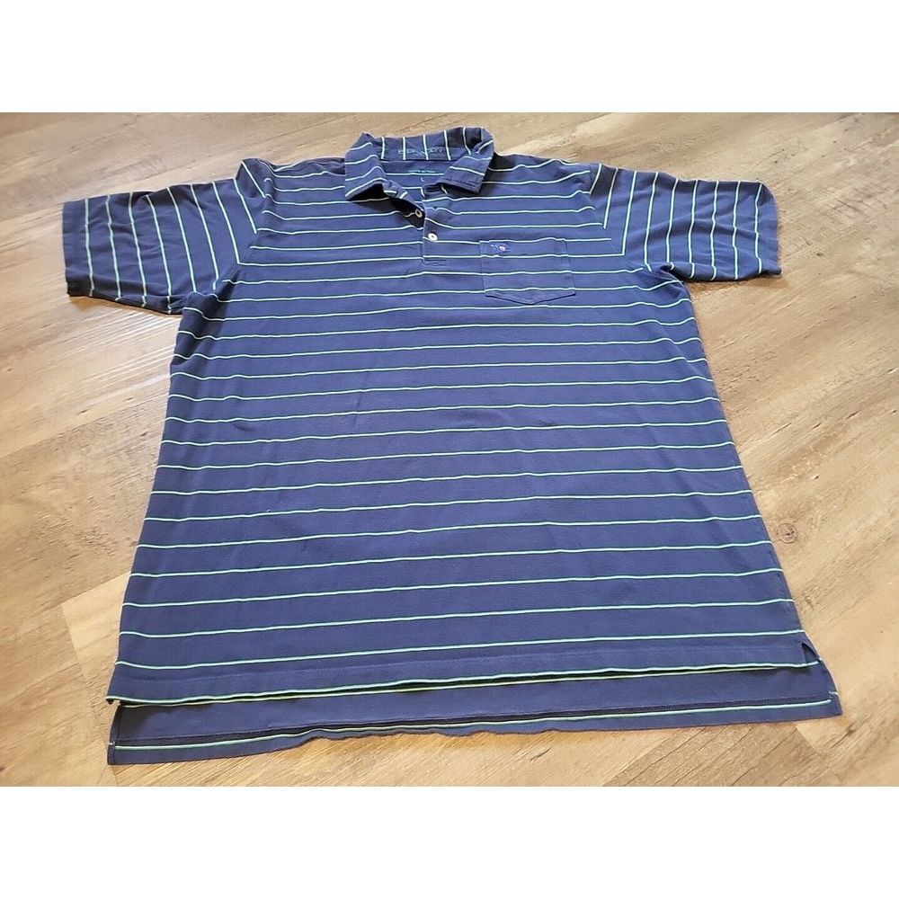 B Draddy Mens Large Navy Blue Lime Green Striped Pima Cotton Stretch‎ Polo Shirt